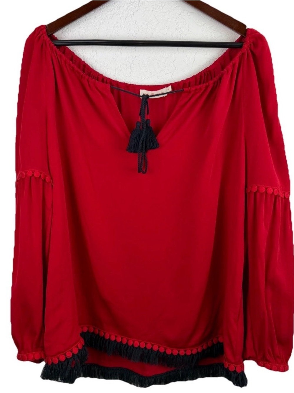 Tory Burch | Sylvie Red Crepe Silk Tie Front Contrast Fringe Top